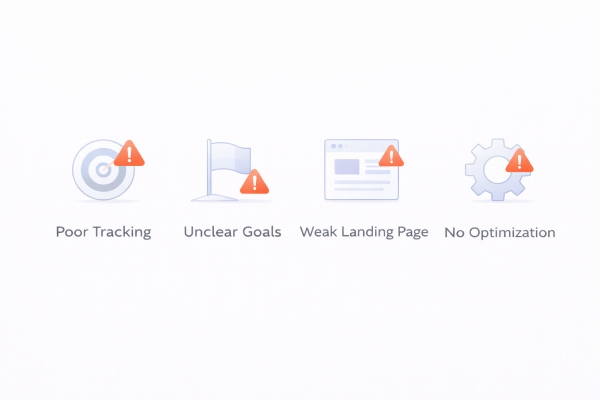 common performance marketing mistakes including poor tracking and weak landing pages