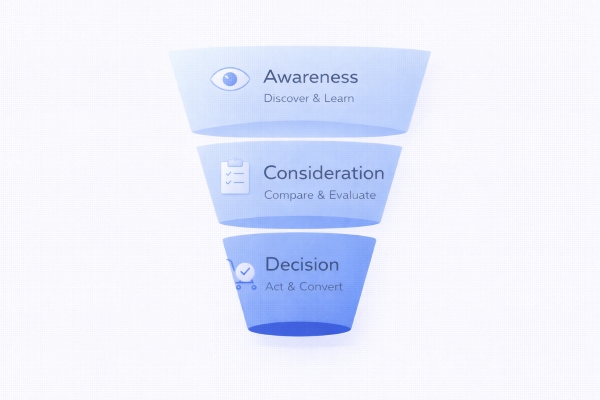 digital marketing funnel showing awareness consideration and decision stages