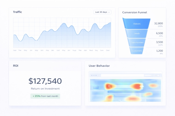 digital marketing analytics dashboard showing traffic and conversion data
