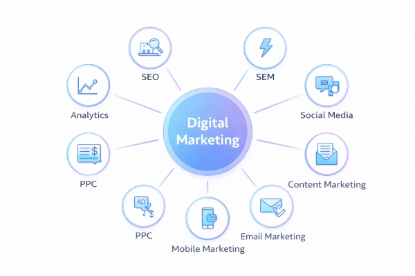 digital marketing ecosystem showing SEO SEM social media PPC and content marketing