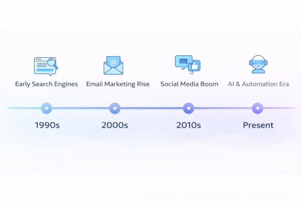 timeline showing evolution of digital marketing from search engines to AI