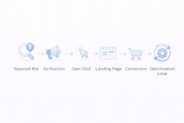 PPC process from keyword bidding to conversion and optimization