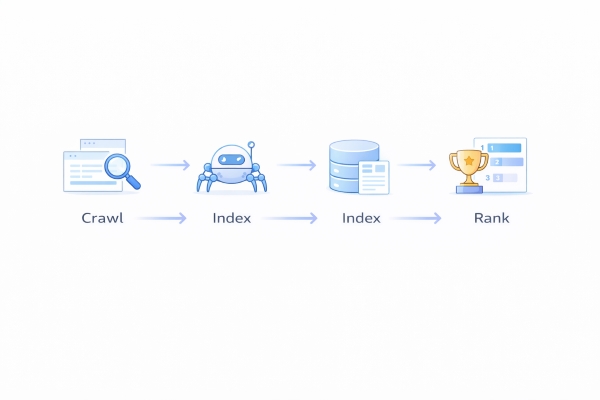 search engine process diagram showing crawl index and rank stages