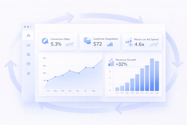 digital marketing KPI dashboard showing conversion and revenue metrics