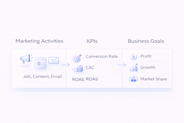 diagram showing how KPIs connect marketing activities to business goals