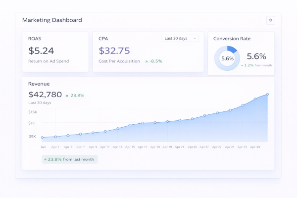 performance marketing dashboard showing ROAS CPA and revenue growth