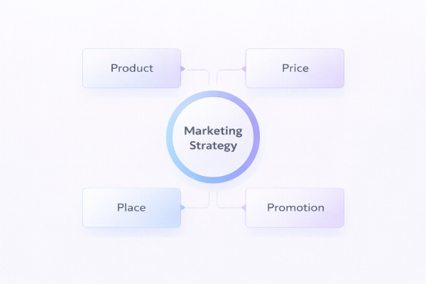 4P of marketing framework showing product price place and promotion connected to strategy