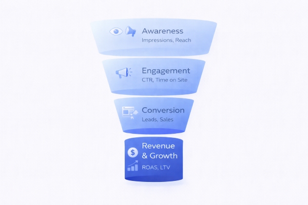 digital marketing KPI funnel from awareness to revenue