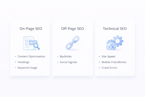 three types of SEO including on page off page and technical optimization
