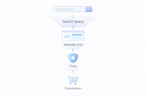 SEO funnel showing search query leading to website visit and conversion