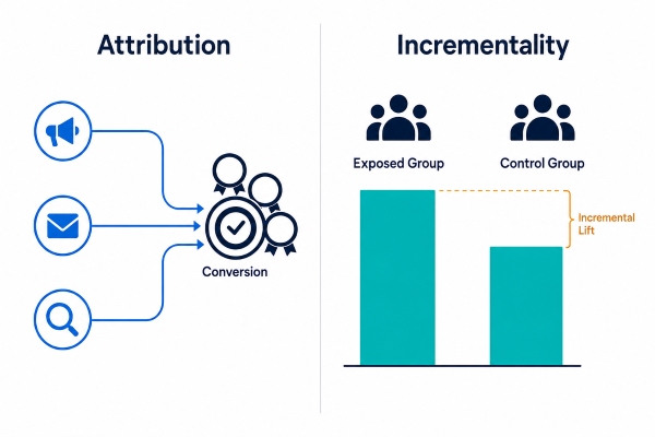 Comparison of attributed conversions and incremental conversions using a control group.