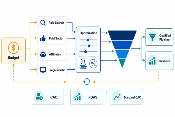 Performance marketing budget allocation across channels toward pipeline and revenue.
