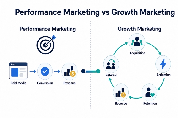 Performance marketing acquisition funnel compared with a full growth marketing lifecycle.