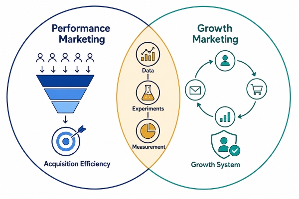 Overlap between performance marketing and growth marketing methods and responsibilities.