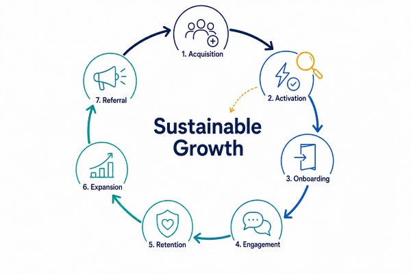 Growth marketing lifecycle from acquisition through retention, expansion, and referral.