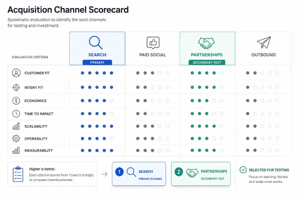 Acquisition channel scorecard comparing customer fit, intent, economics, scalability, operability, and measurability