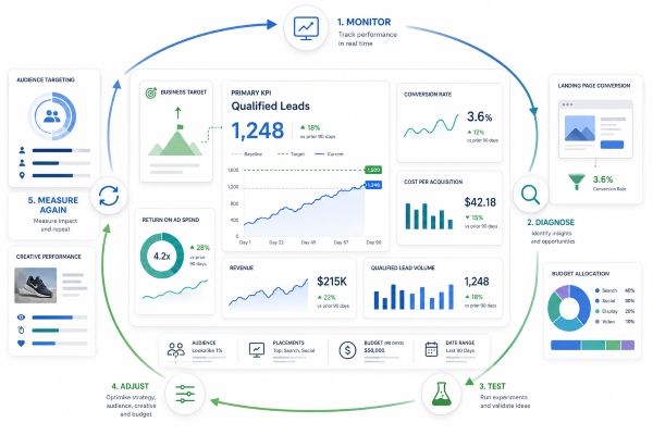 Performance marketing dashboard showing a primary KPI, supporting metrics, campaign targets, and an ongoing optimization cycle.