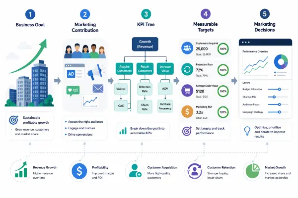 Framework showing How to Translate Business Goals into Marketing KPIs