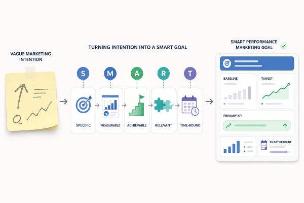 SMART performance marketing goal framework covering specific, measurable, achievable, relevant, and time-bound criteria.