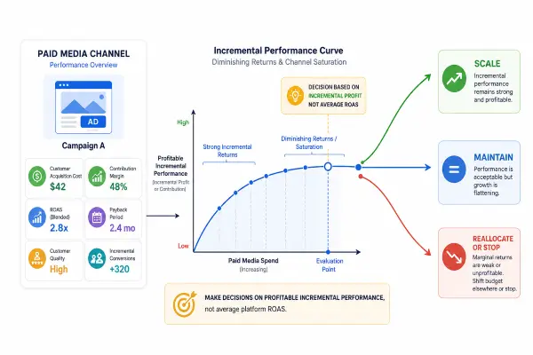 Paid media scaling decision based on CAC, profitability, incrementality, and diminishing marginal returns