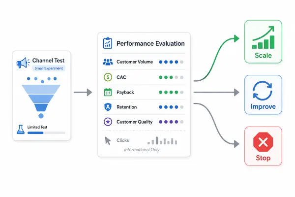 Framework for testing acquisition channels and deciding whether to scale, continue testing, or stop