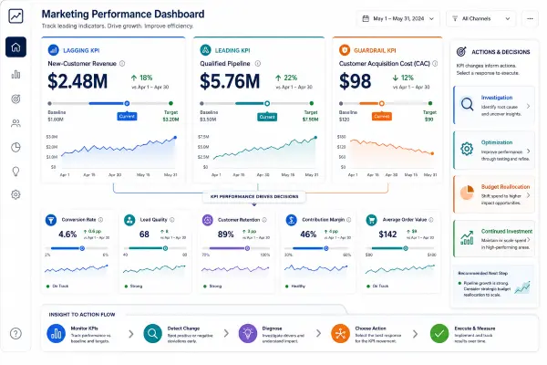 Marketing dashboard comparing lagging, leading, and guardrail KPIs with baselines, targets, trends, supporting metrics, and optimization actions.