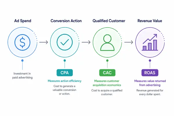 Marketing funnel showing how CPA leads to CAC and ROAS measurement