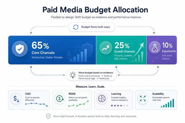 Paid media budget allocation across core channels, growth channels, and controlled experiments