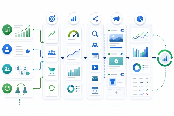 Performance marketing planning process connecting business outcomes with objectives, KPIs, channels, execution, and review.