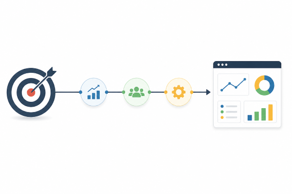 Minimal illustration connecting a business goal with measurable marketing KPIs and performance data.