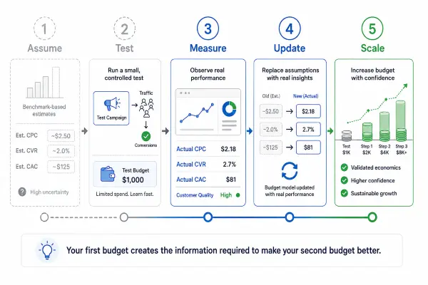 Marketing budgeting process moving from assumptions to testing, measurement, updates, and scaling