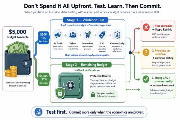 Initial marketing budget divided into a controlled test before committing the full advertising budget