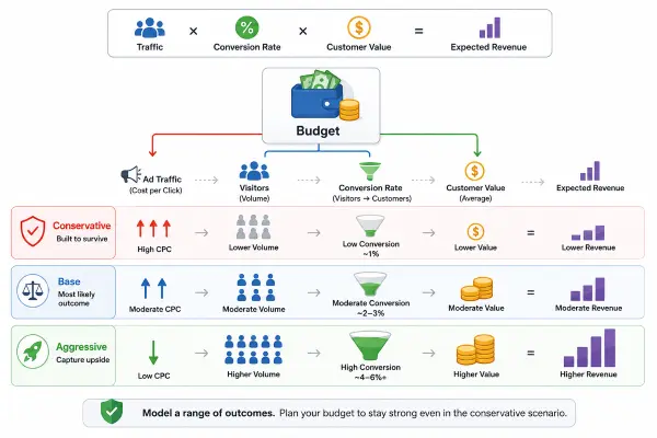 Conservative, base, and aggressive marketing budget scenarios without historical data