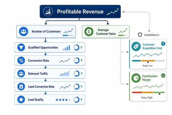 Marketing KPI tree connecting profitable revenue with customer volume, customer value, qualified opportunities, conversion, traffic, and acquisition-cost guardrails.