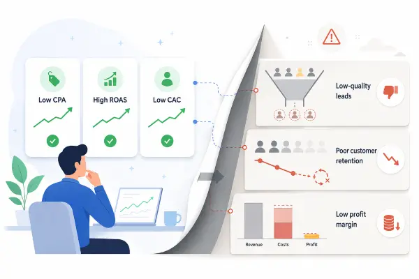 Marketing dashboard showing misleading performance metrics without customer quality context