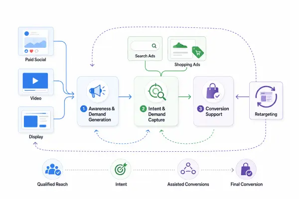 Paid media channels mapped across demand generation, demand capture, and conversion stages of the customer journey