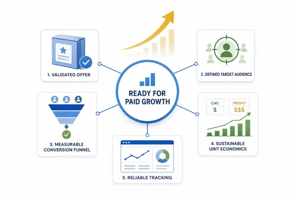 Performance marketing readiness framework covering offer, audience, funnel, economics, and tracking.