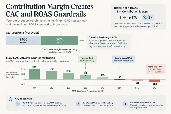 Break-even CAC and ROAS thresholds calculated from a 50 percent contribution margin
