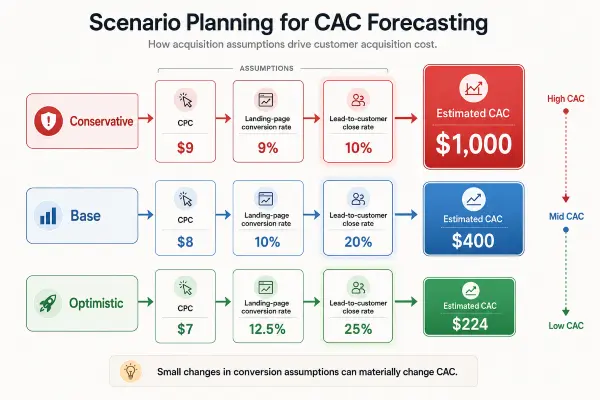 Conservative, base, and optimistic CAC scenarios based on different funnel assumptions
