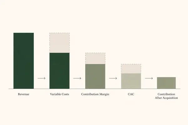 Revenue flowing through variable costs and CAC to show contribution after customer acquisition, for what is contribuition margin