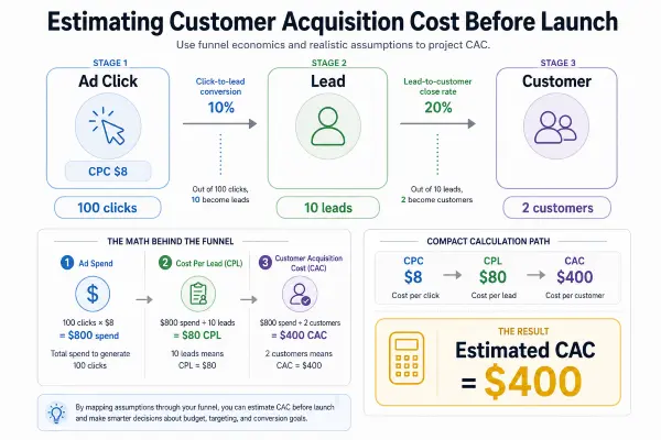 CAC estimation funnel showing CPC, lead conversion rate, close rate, CPL, and customer acquisition cost