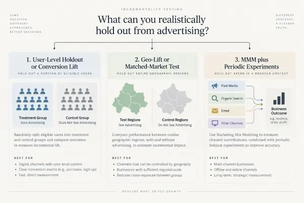 User holdout, geo-lift, and MMM approaches for measuring marketing incrementality