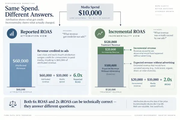 Comparison of 6x reported ROAS and 2x incremental ROAS from the same paid media campaign