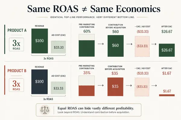 Two campaigns with the same 3x ROAS producing very different contribution margin after acquisition